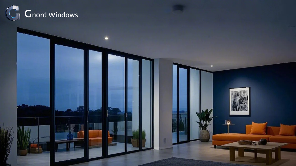 GNORD Windows interior with large aluminium glass doors and evening lighting