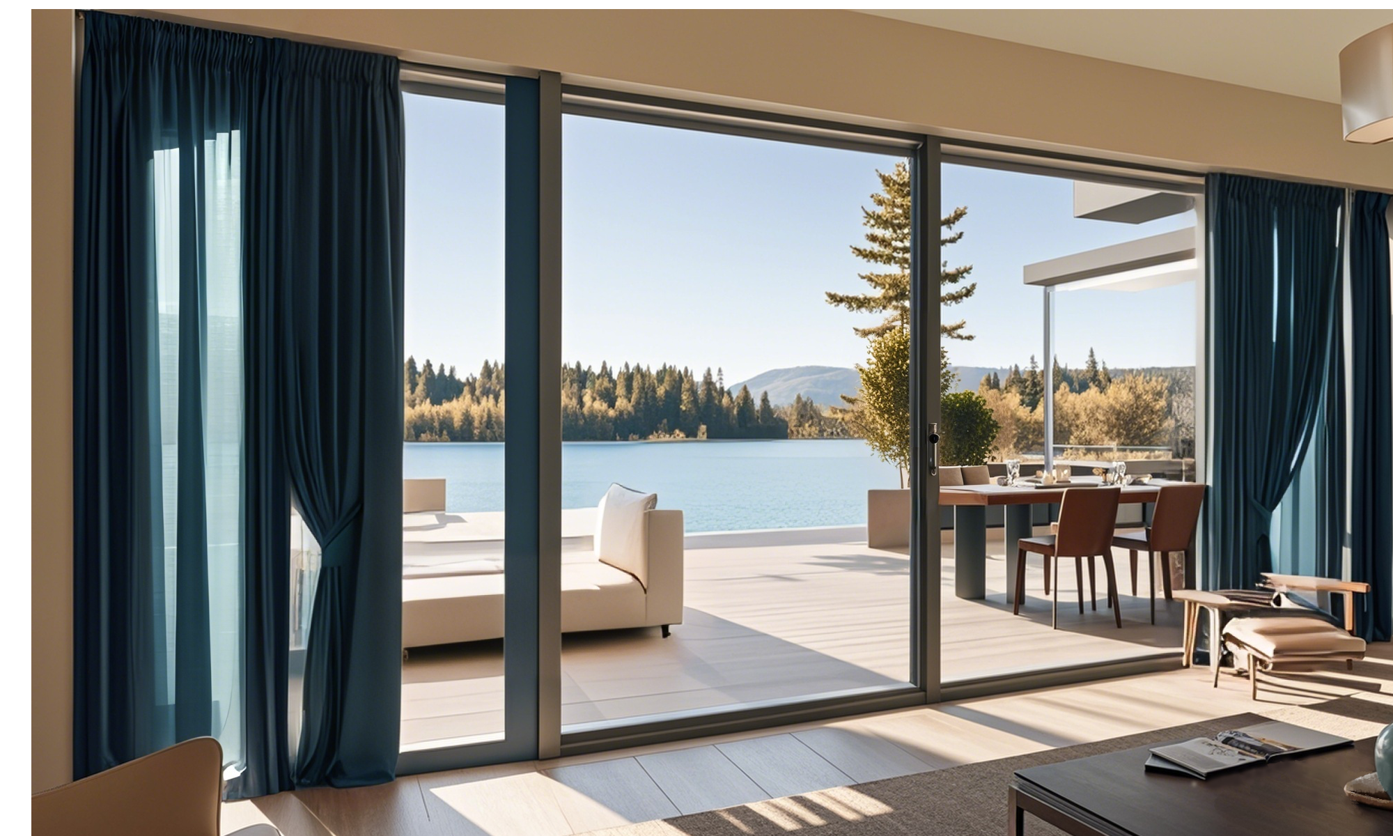 Large sliding glass doors with lake view and residential terrace
