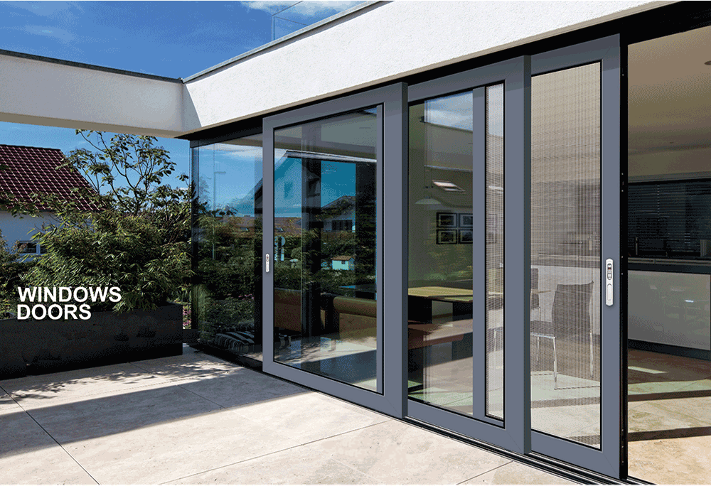 Modern exterior sliding windows and doors for a residential patio
